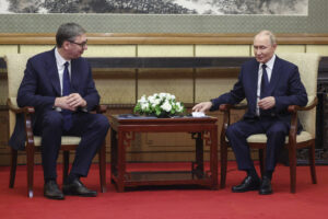 Russian President Vladimir Putin meets with Serbian President Aleksandar Vucic at Diaoyutai State Guesthouse in Beijing, China, Tuesday, Sept 2, 2025. (Maxim Shemetov/Pool Photo via AP)