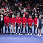 COPENHAGEN, DENMARK - JANUARY 31: Viktor Troicki, Team Captain, Hamad Medjedovic, Miomir Kecmanovic, Matej Sabanov, Ivan Sabanov and Laslo Djere of Serbia lines up at the opening ceremony during day 1 of the Davis Cup Qualifier first round match between Denmark and Serbia at Royal Arena on January 31, 2025 in Copenhagen, Denmark. (Photo by Oliver Hardt/Getty Images for ITF)