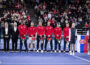 COPENHAGEN, DENMARK - JANUARY 31: Viktor Troicki, Team Captain, Hamad Medjedovic, Miomir Kecmanovic, Matej Sabanov, Ivan Sabanov and Laslo Djere of Serbia lines up at the opening ceremony during day 1 of the Davis Cup Qualifier first round match between Denmark and Serbia at Royal Arena on January 31, 2025 in Copenhagen, Denmark. (Photo by Oliver Hardt/Getty Images for ITF)
