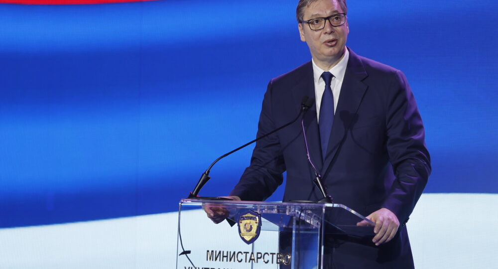 Beograd, 8. juna 2025.-Predsednik Srbije Aleksandar Vuèiæ na Sveèanoj akademiji povodom obeleavanja Dana Ministarstva unutranjih poslova i Dana policijeFOTO TANJUG/ MARKO ÐOKOVIÆ/ nr