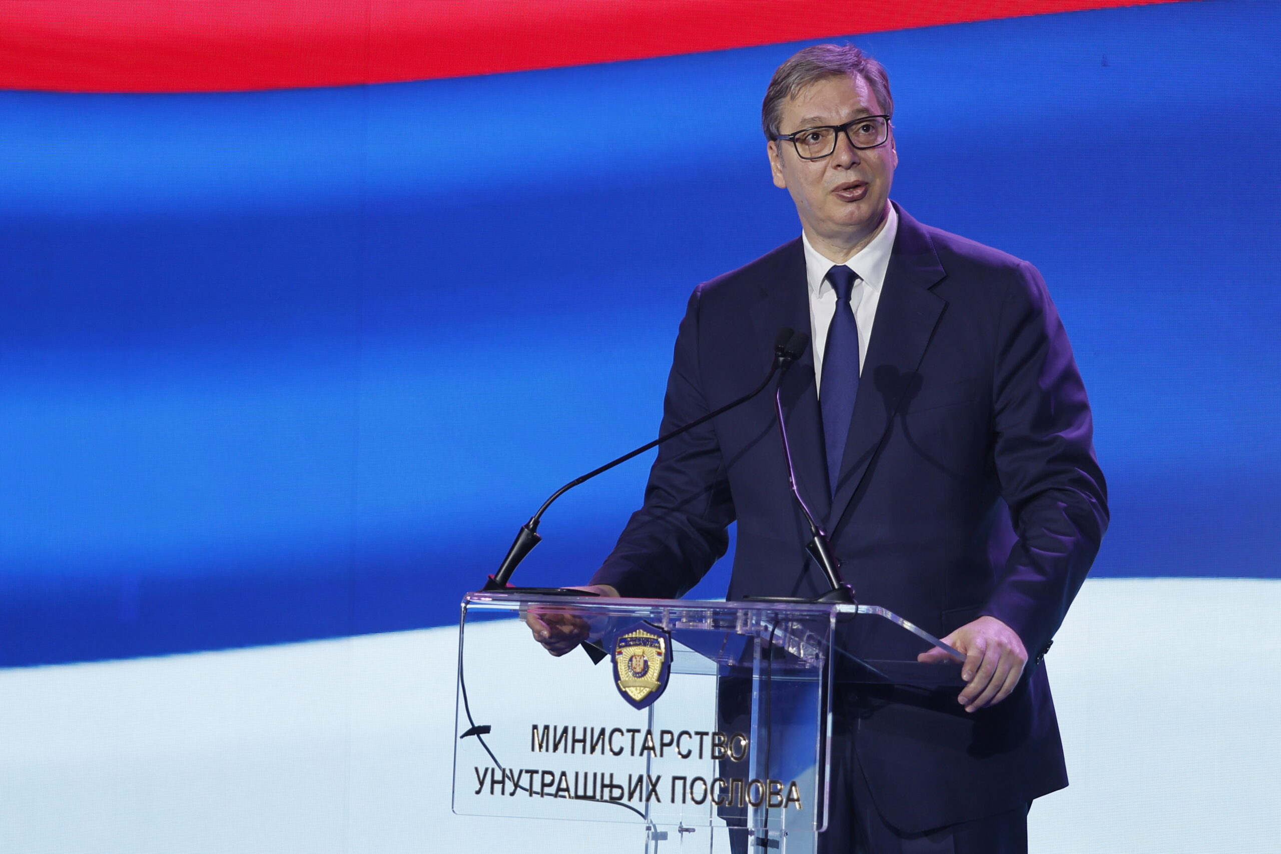 Beograd, 8. juna 2025.-Predsednik Srbije Aleksandar Vuèiæ na Sveèanoj akademiji povodom obeleavanja Dana Ministarstva unutranjih poslova i Dana policijeFOTO TANJUG/ MARKO ÐOKOVIÆ/ nr