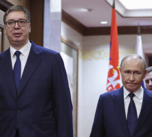 Russian President Vladimir Putin meets with Serbian President Aleksandar Vucic at Diaoyutai State Guesthouse in Beijing, China, Tuesday, Sept 2, 2025. (Maxim Shemetov/Pool Photo via AP)