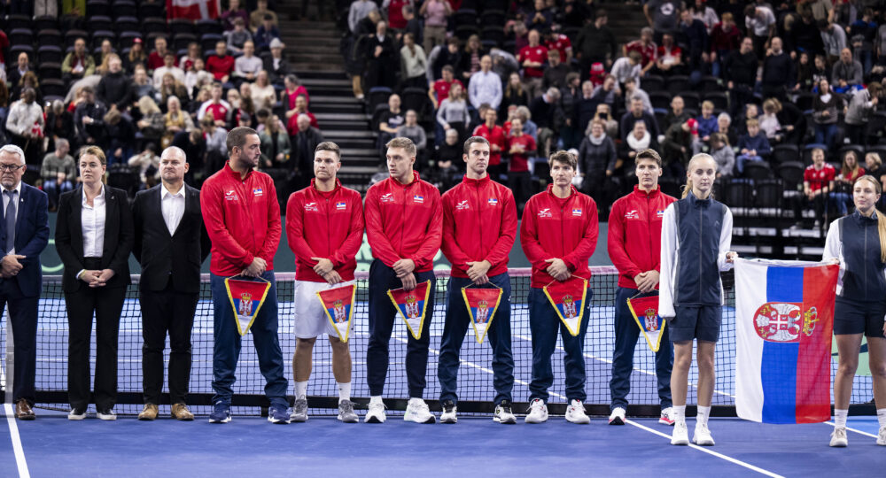 COPENHAGEN, DENMARK - JANUARY 31: Viktor Troicki, Team Captain, Hamad Medjedovic, Miomir Kecmanovic, Matej Sabanov, Ivan Sabanov and Laslo Djere of Serbia lines up at the opening ceremony during day 1 of the Davis Cup Qualifier first round match between Denmark and Serbia at Royal Arena on January 31, 2025 in Copenhagen, Denmark. (Photo by Oliver Hardt/Getty Images for ITF)