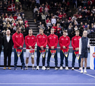 COPENHAGEN, DENMARK - JANUARY 31: Viktor Troicki, Team Captain, Hamad Medjedovic, Miomir Kecmanovic, Matej Sabanov, Ivan Sabanov and Laslo Djere of Serbia lines up at the opening ceremony during day 1 of the Davis Cup Qualifier first round match between Denmark and Serbia at Royal Arena on January 31, 2025 in Copenhagen, Denmark. (Photo by Oliver Hardt/Getty Images for ITF)